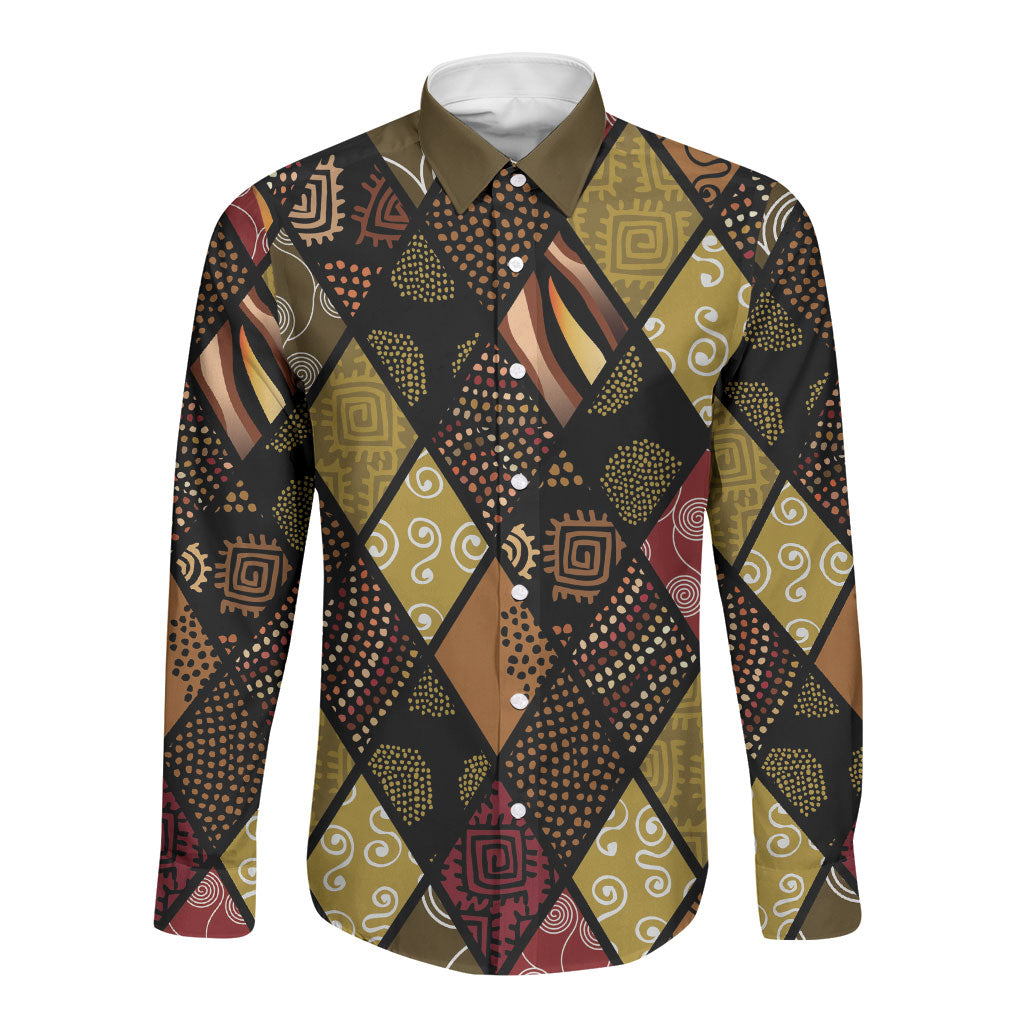 African American Quilt Inspired Long Sleeve Button Shirt Ethnic Bohemian Rhombus Patchwork