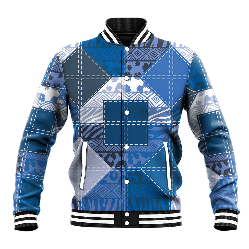 African American Quilt Inspired Baseball Jacket Wild Animal Skin African Blue Tribal Elements