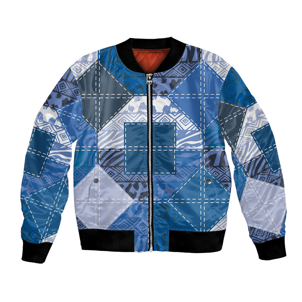 African American Quilt Inspired Bomber Jacket Wild Animal Skin African Blue Tribal Elements