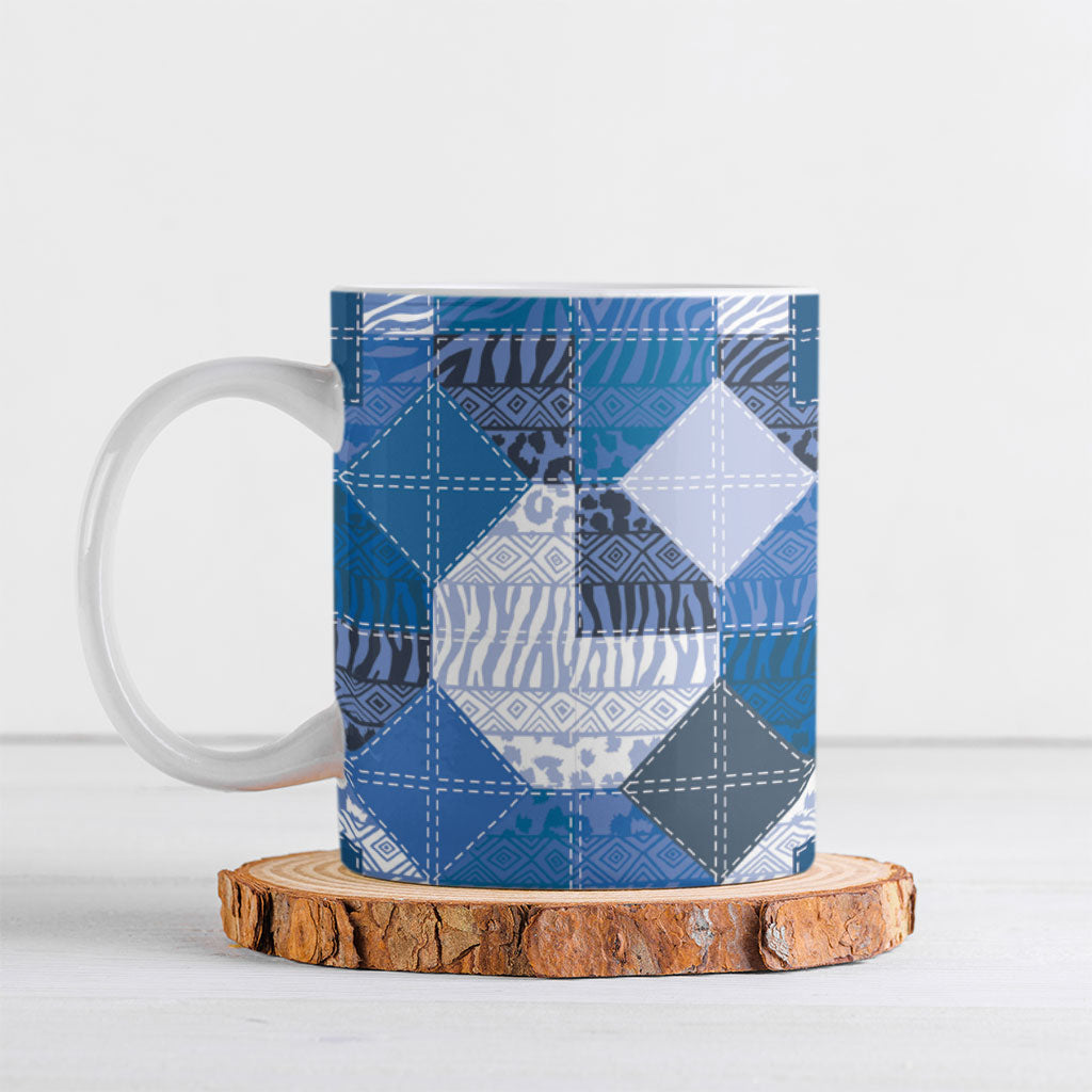 African American Quilt Inspired Ceramic Mug Wild Animal Skin African Blue Tribal Elements