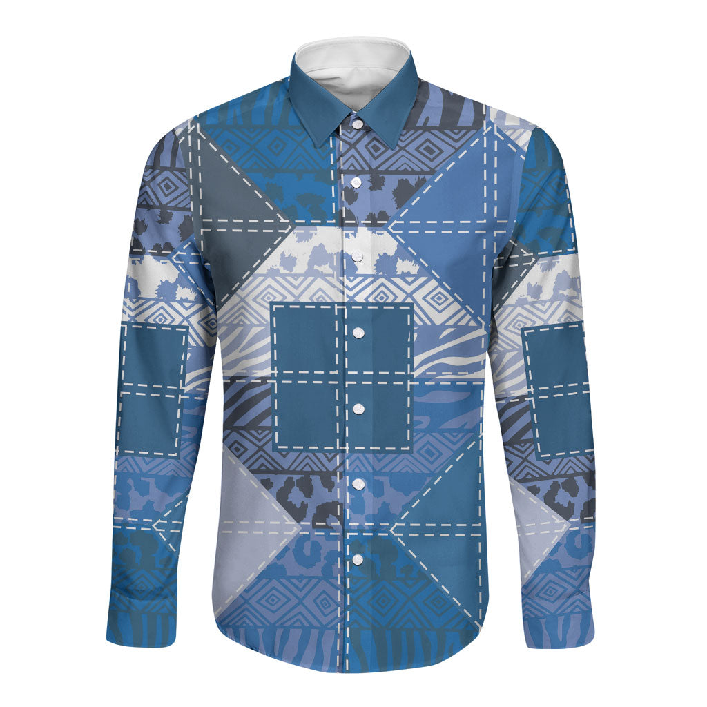 African American Quilt Inspired Long Sleeve Button Shirt Wild Animal Skin African Blue Tribal Elements