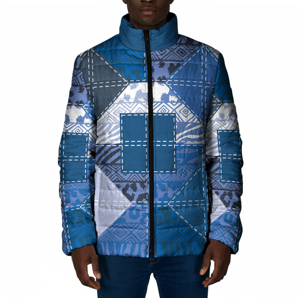 African American Quilt Inspired Padded Jacket Wild Animal Skin African Blue Tribal Elements