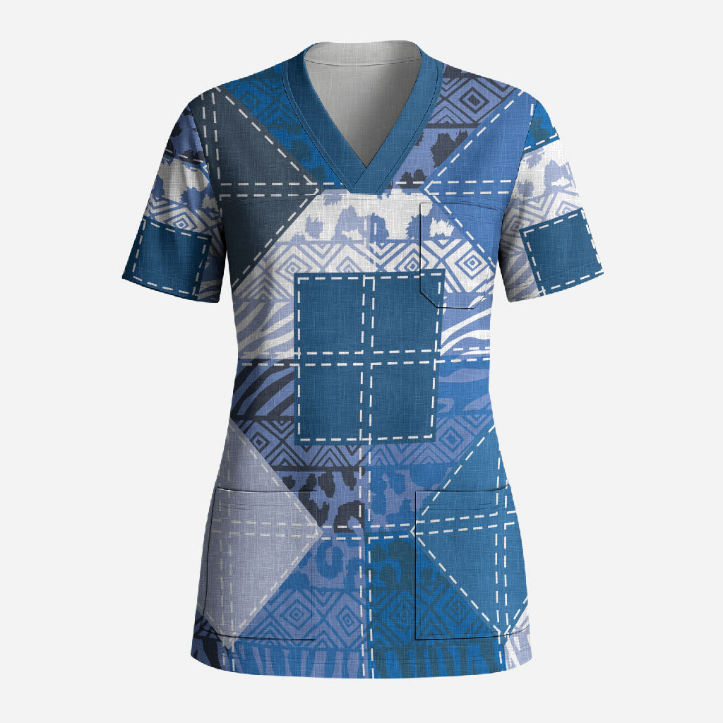 African American Quilt Inspired Scrub Top Wild Animal Skin African Blue Tribal Elements