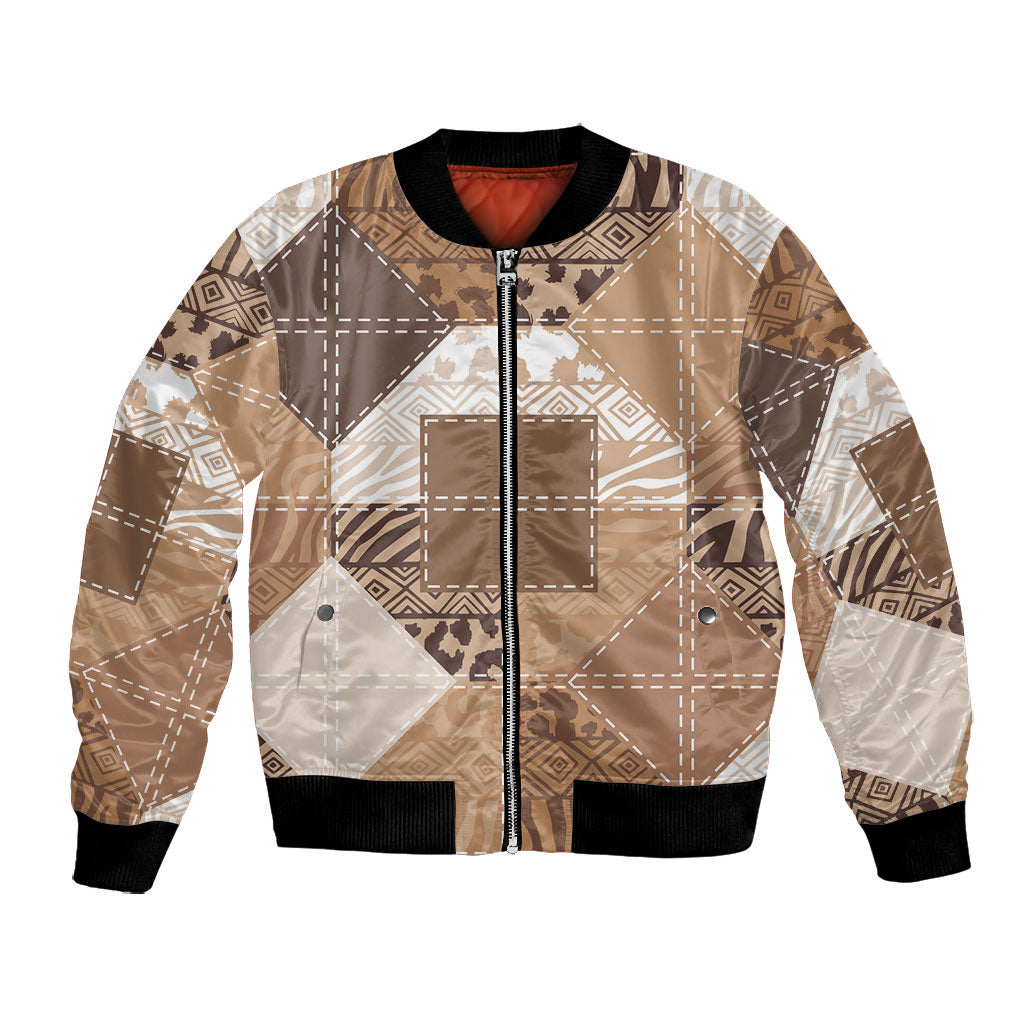 African American Quilt Inspired Bomber Jacket Wild Animal Skin African Beige Tribal Elements