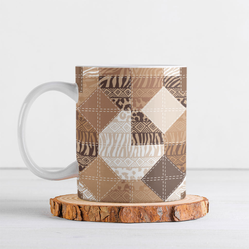African American Quilt Inspired Ceramic Mug Wild Animal Skin African Beige Tribal Elements