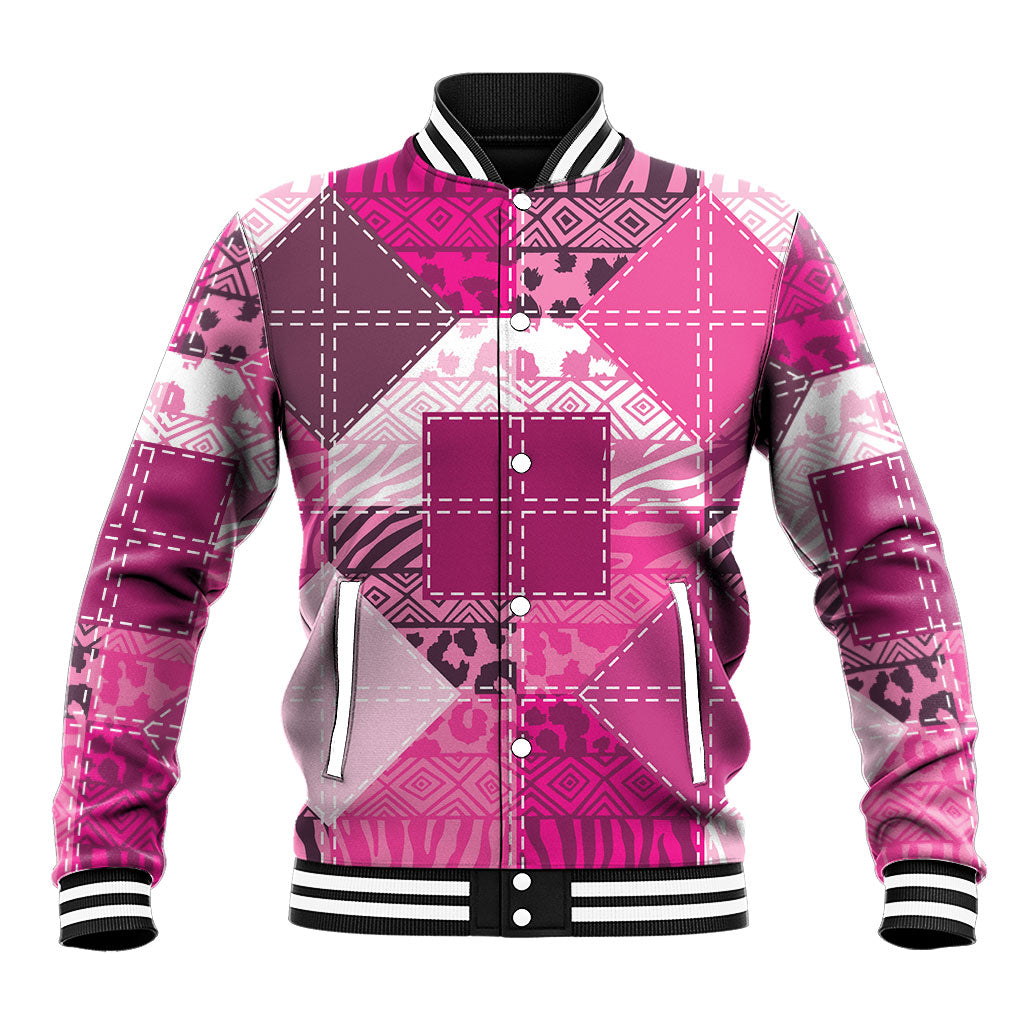African American Quilt Inspired Baseball Jacket Wild Animal Skin African Pink Tribal Elements