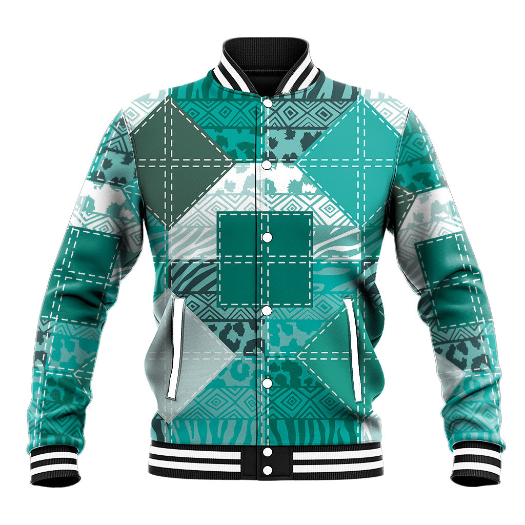 African American Quilt Inspired Baseball Jacket Wild Animal Skin African Turquoise Tribal Elements