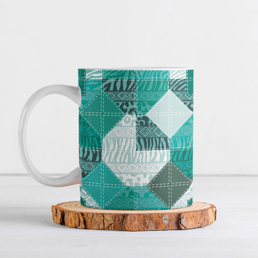 African American Quilt Inspired Ceramic Mug Wild Animal Skin African Turquoise Tribal Elements