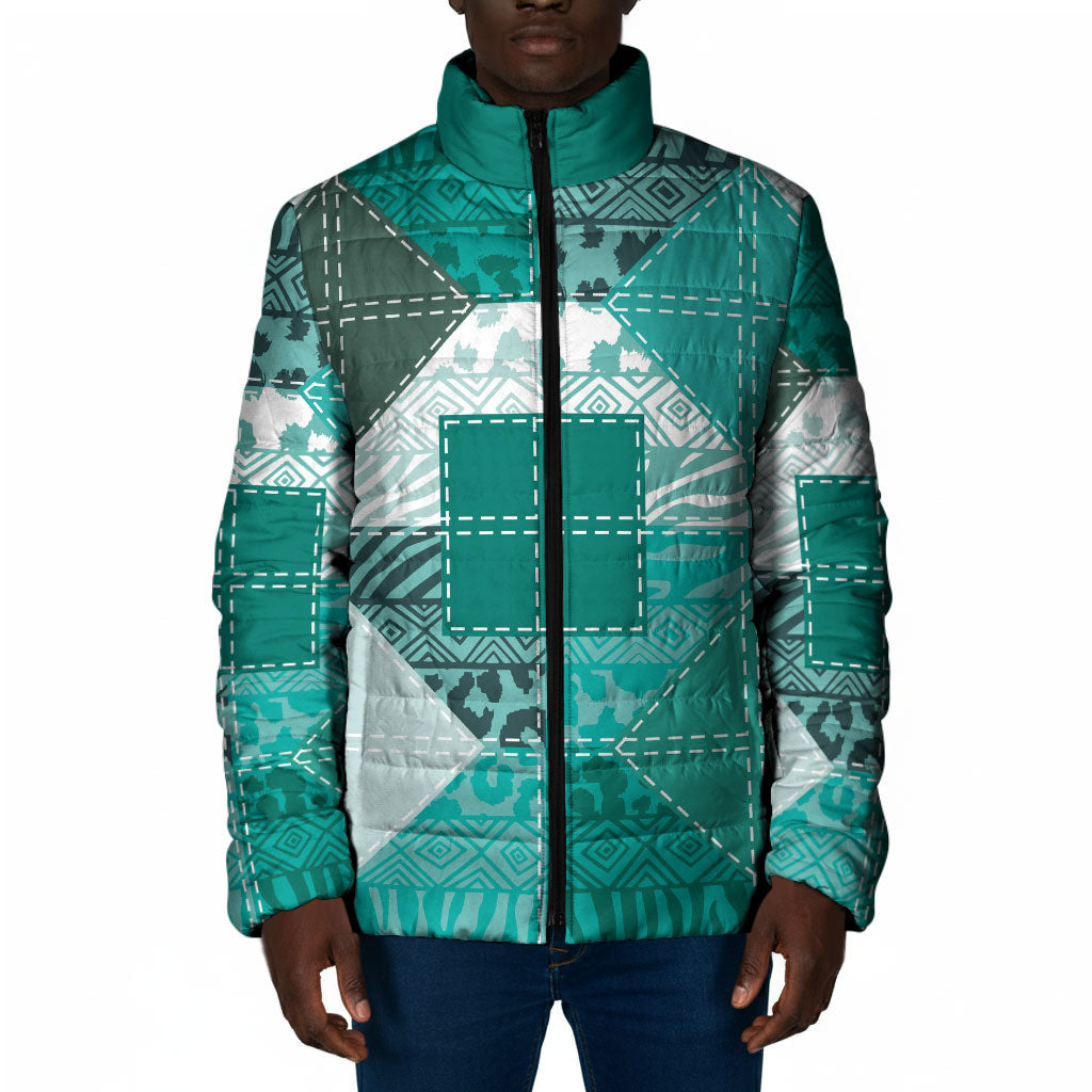 African American Quilt Inspired Padded Jacket Wild Animal Skin African Turquoise Tribal Elements
