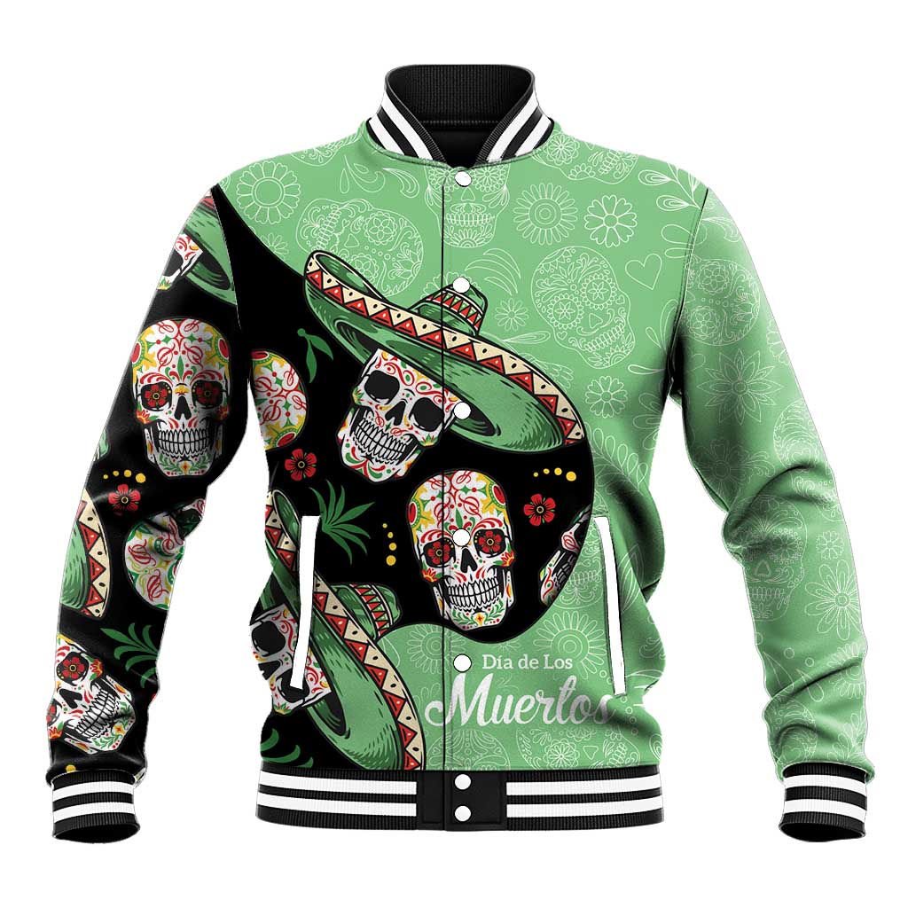 Green unisex baseball jacket with sugar skull sombrero graphic; striped ribbed collar