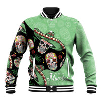 Green unisex baseball jacket with sugar skull sombrero graphic; striped ribbed collar