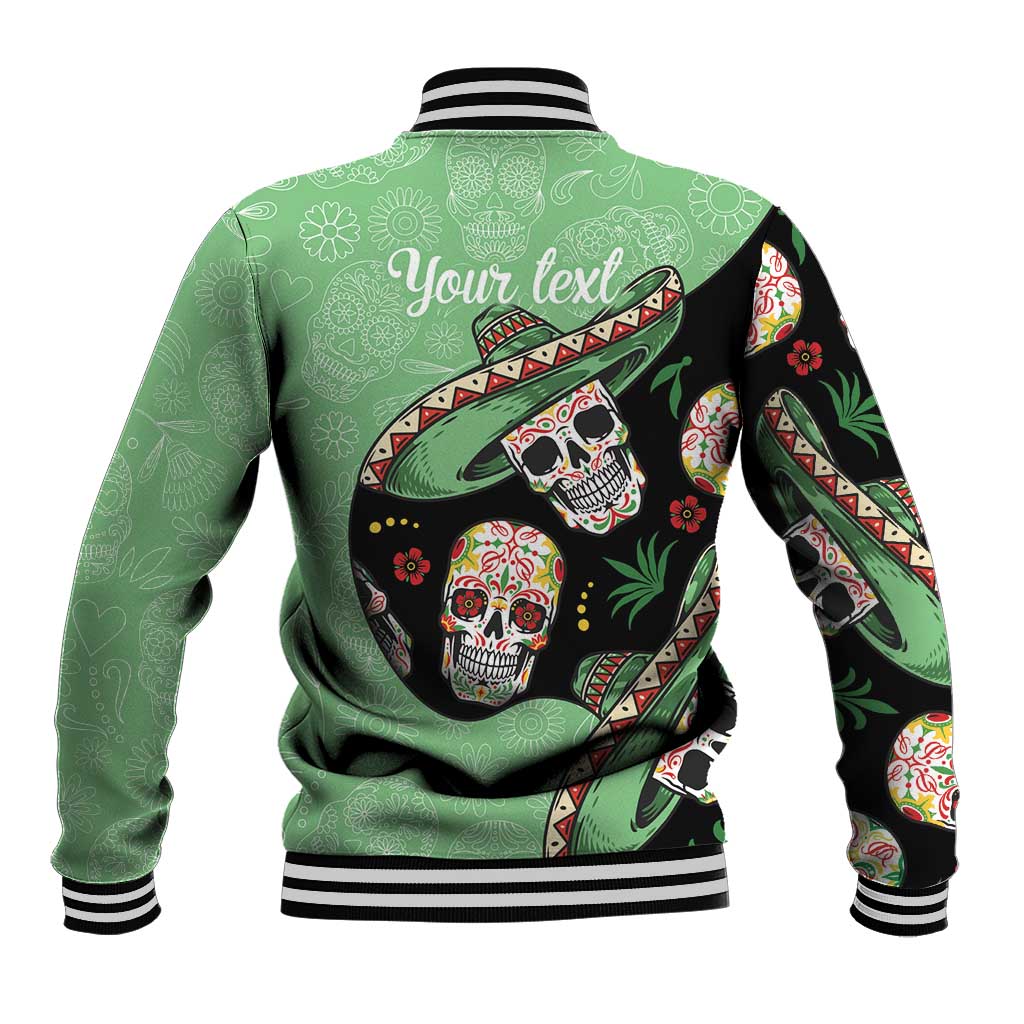 Green unisex baseball jacket back with 'Your text' and sugar skull sombrero print; striped ribbing