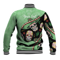 Green unisex baseball jacket back with 'Your text' and sugar skull sombrero print; striped ribbing