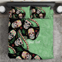 Green bedding set with black sugar skull pattern and personalized text on comforter