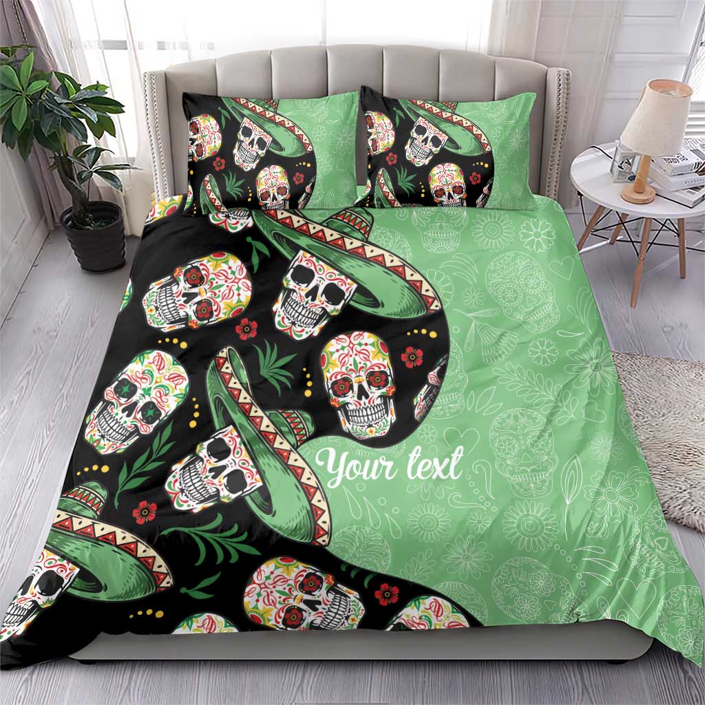 Green and black sugar skull bedding set with matching pillow shams and 'Your text'