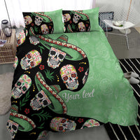 Green bedding set featuring sugar skull motifs, sombrero shapes, and printed 'Your text'