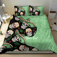 Green sugar skull bedding set with printed 'Your text' and two pillow shams