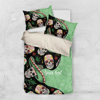 Green and black duvet and pillow shams with sugar skull print and printed 'Your text'