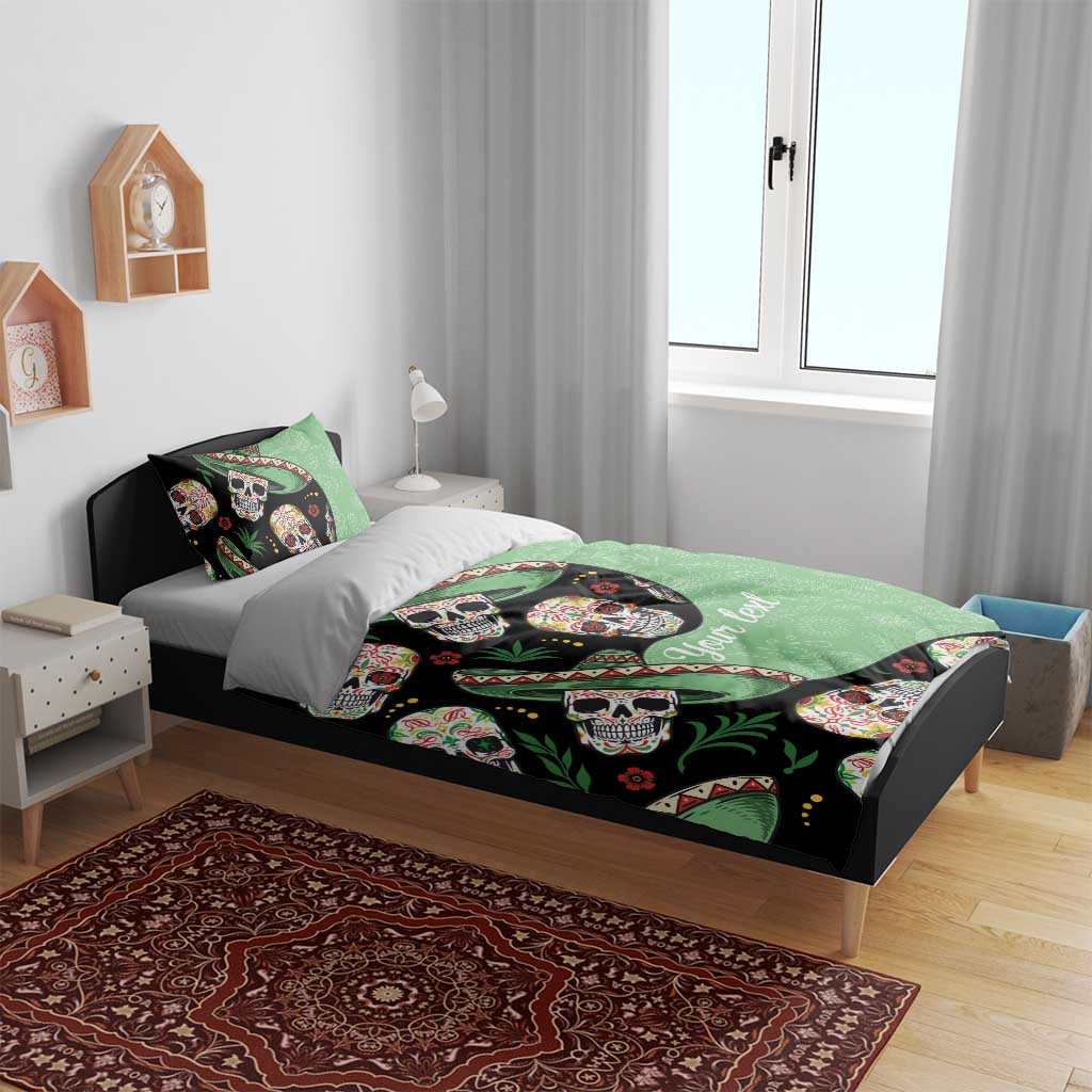 Green and black sugar skull bedding set with two pillow shams and printed 'Your text'