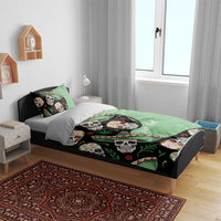 Green and black sugar skull bedding set with two pillow shams and printed 'Your text'
