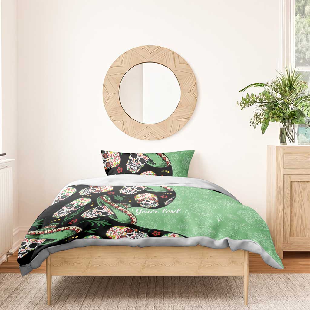 Green sugar skull bedding set with printed 'Your text' on duvet and matching pillow shams