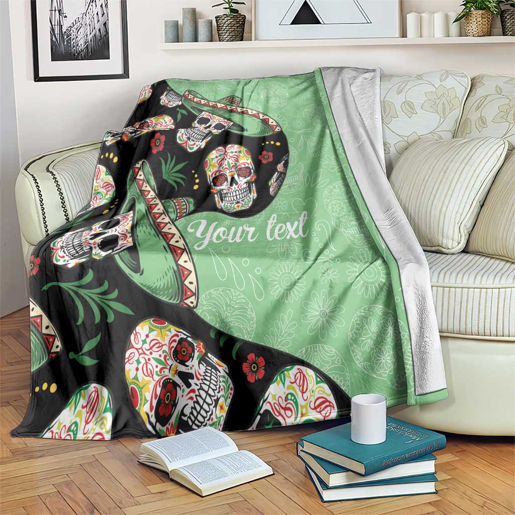 Green sugar skull blanket with sombrero graphics and white 'Your text' label.