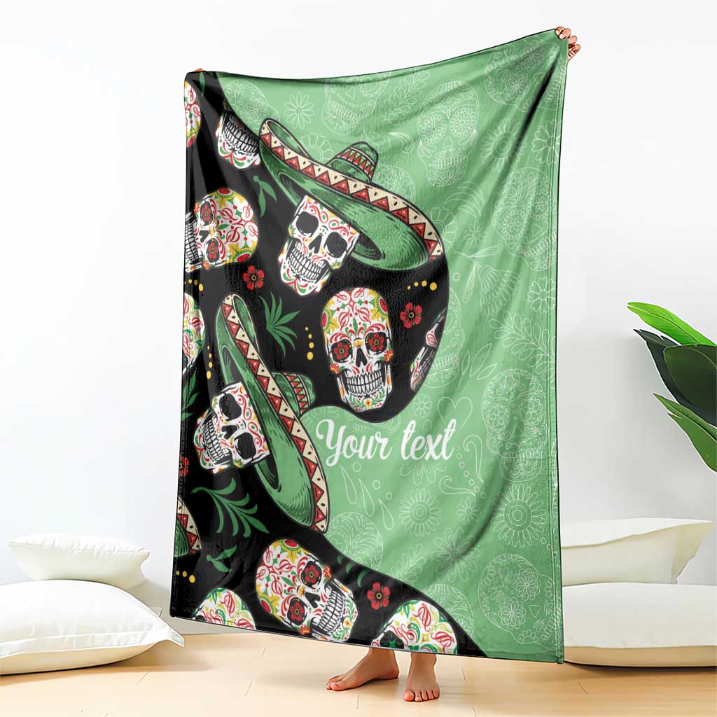 Green and black sugar skull blanket with sombrero design and 'Your text' text.