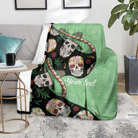 Green sugar skull blanket with sombrero and floral accents, 'Your text' centered.