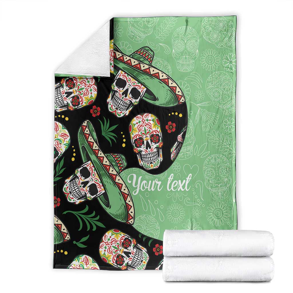 Green personalized sugar skull blanket with sombrero graphics and 'Your text' overlay.