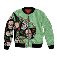 Green unisex bomber jacket with sugar skull front graphic and full-zip closure