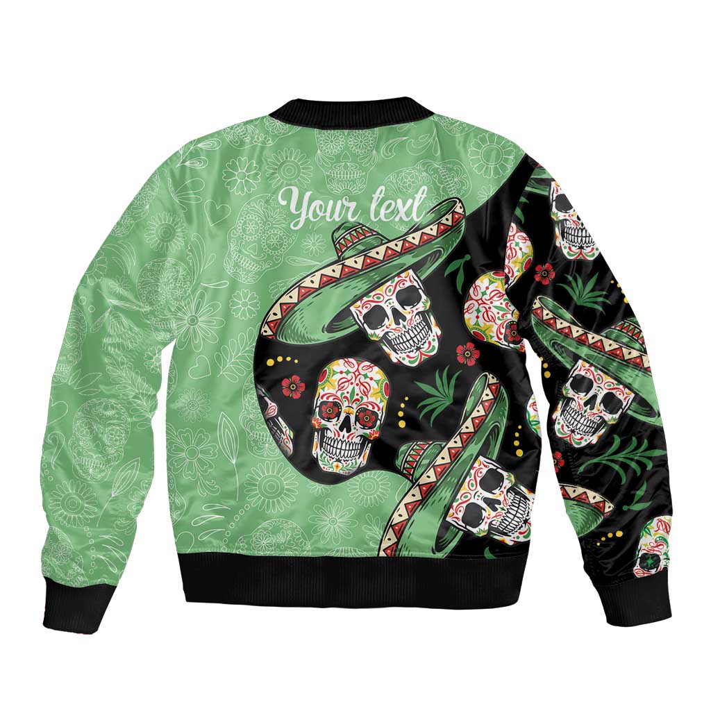 Green unisex bomber jacket with 'Your text' and sugar skull sleeve artwork