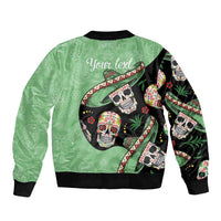 Green unisex bomber jacket with 'Your text' and sugar skull sleeve artwork