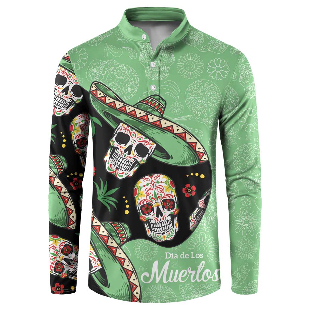 Green long-sleeve button sweatshirt with Mexican sugar skull and sombrero print