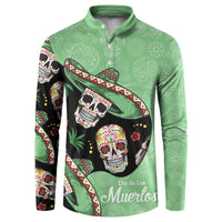 Green long-sleeve button sweatshirt with Mexican sugar skull and sombrero print
