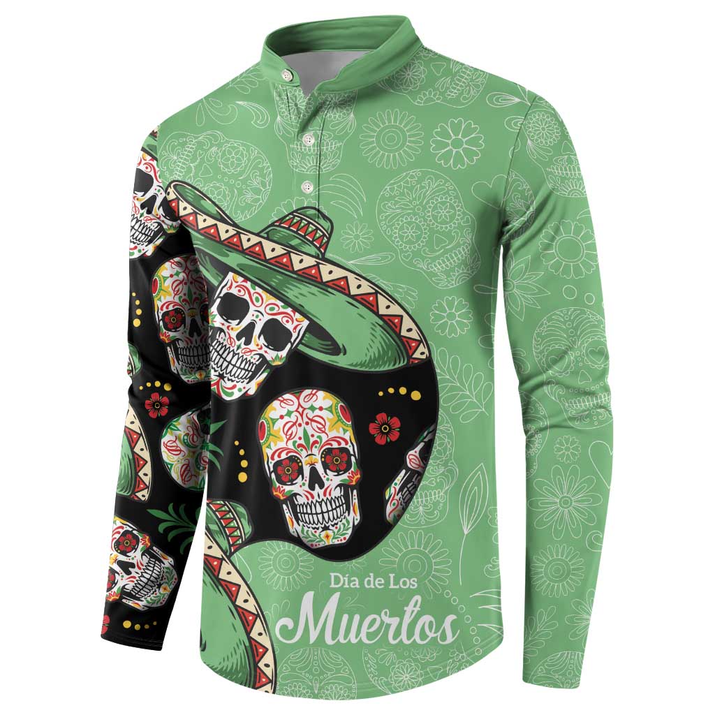 Green button sweatshirt with sugar skull and Dia de Los Muertos print