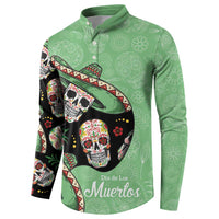 Green button sweatshirt with sugar skull and Dia de Los Muertos print