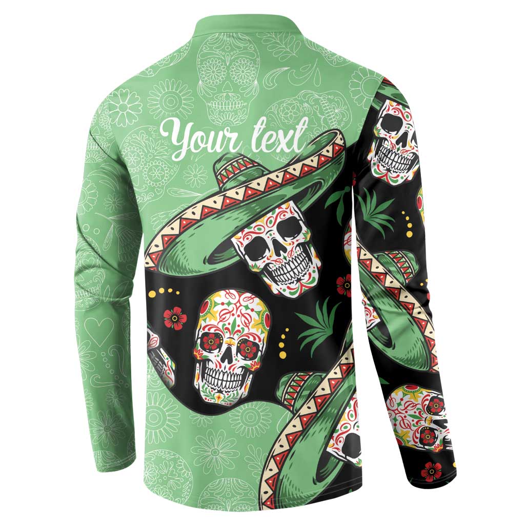 Green button sweatshirt with sugar skull back print and “Your text” placeholder