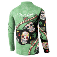 Green button sweatshirt with sugar skull back print and “Your text” placeholder
