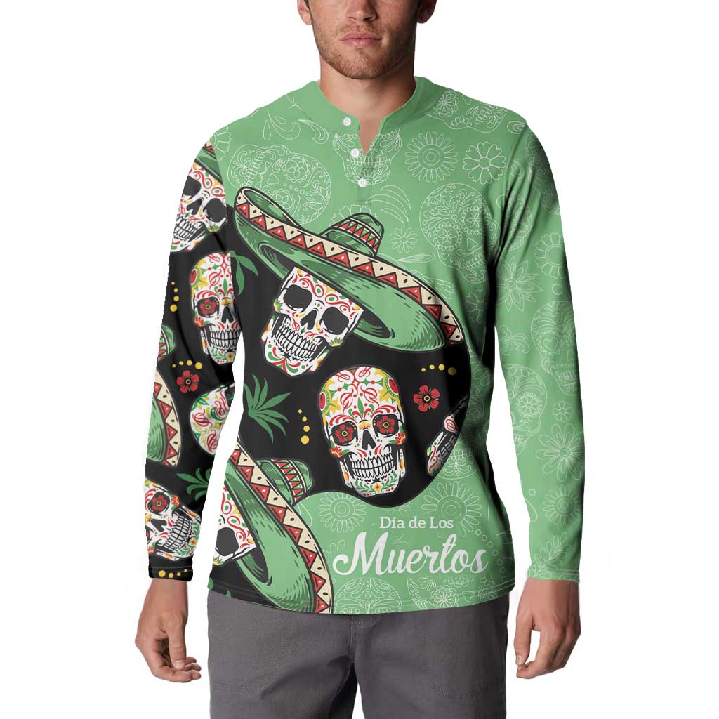 Green long sleeve button henley sweatshirt with sugar skull print