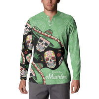 Green long sleeve button henley sweatshirt with sugar skull print