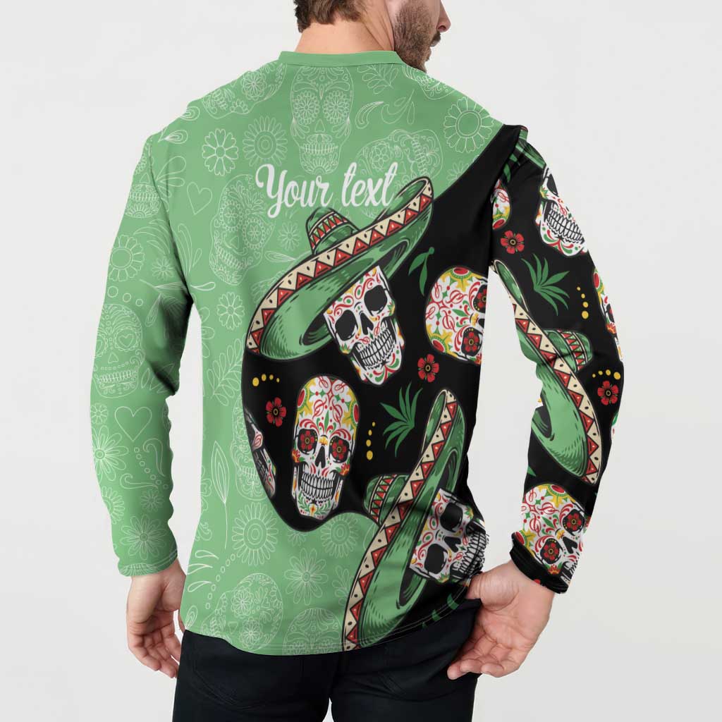 Green button sweatshirt with sugar skull back design and “Your text” placeholder