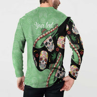 Green button sweatshirt with sugar skull back design and “Your text” placeholder