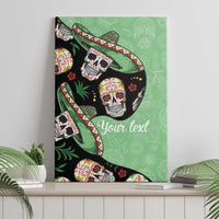 Green canvas wall art with sombrero sugar skulls and the word "Your text".