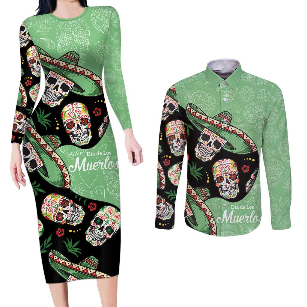 Mexican Sugar Skull Personalized Couples Matching Long Sleeve Bodycon Dress and Long Sleeve Button Shirt Dia de Los Muertos Vibe LT9 - Wonder Print Shop