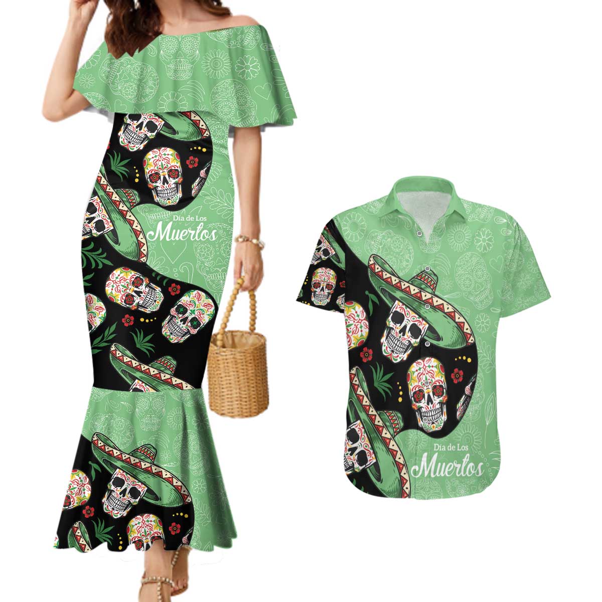 Mexican Sugar Skull Personalized Couples Matching Mermaid Dress and Hawaiian Shirt Dia de Los Muertos Vibe LT9 - Wonder Print Shop