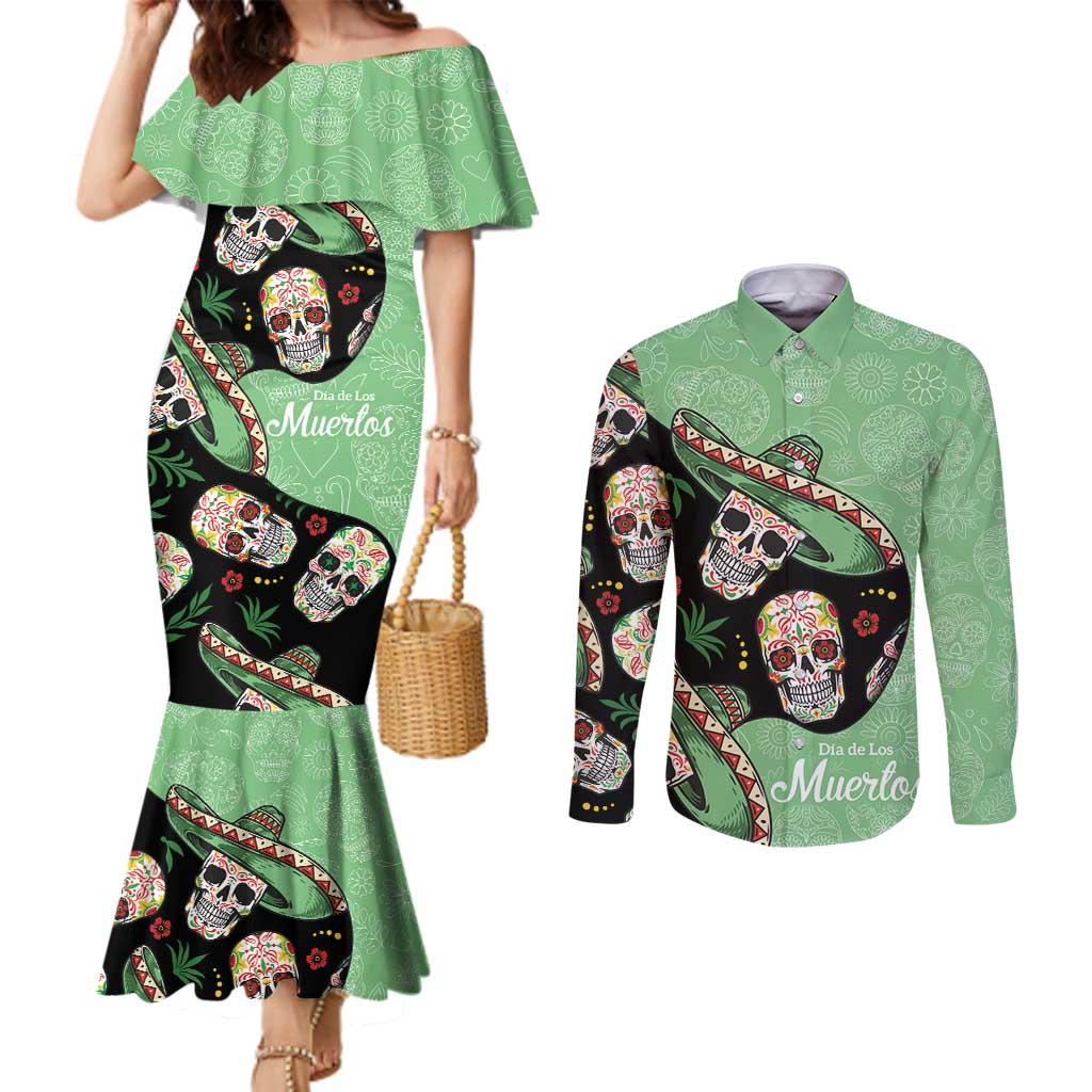 Mexican Sugar Skull Personalized Couples Matching Mermaid Dress and Long Sleeve Button Shirt Dia de Los Muertos Vibe