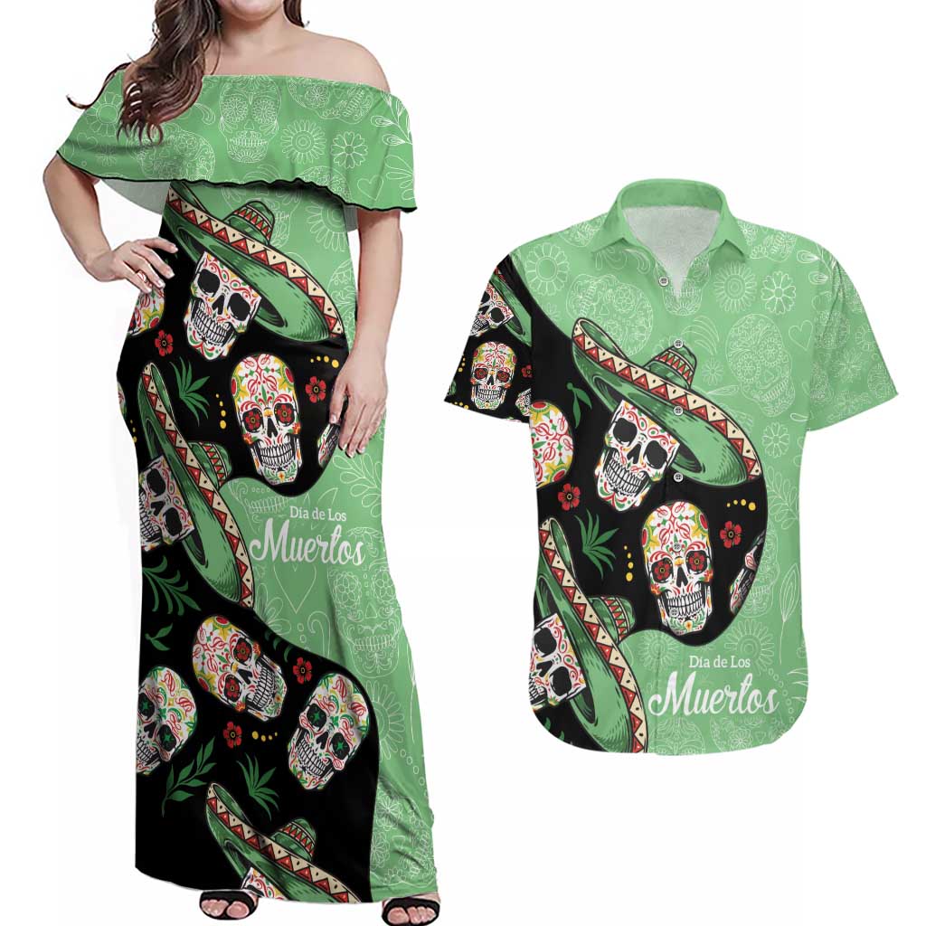 Mexican Sugar Skull Personalized Couples Matching Off Shoulder Maxi Dress and Hawaiian Shirt Dia de Los Muertos Vibe LT9 - Wonder Print Shop