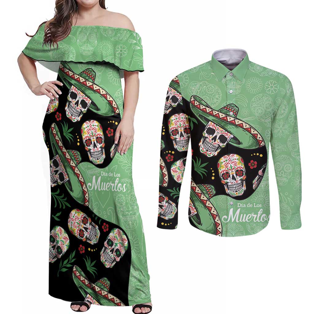 Mexican Sugar Skull Personalized Couples Matching Off Shoulder Maxi Dress and Long Sleeve Button Shirt Dia de Los Muertos Vibe LT9 - Wonder Print Shop