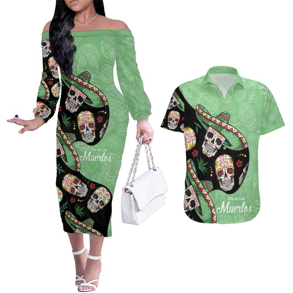 Mexican Sugar Skull Personalized Couples Matching Off The Shoulder Long Sleeve Dress and Hawaiian Shirt Dia de Los Muertos Vibe LT9 - Wonder Print Shop