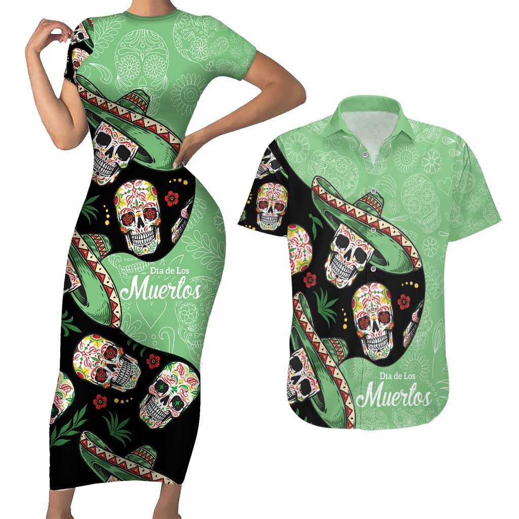 Mexican Sugar Skull Personalized Couples Matching Short Sleeve Bodycon Dress and Hawaiian Shirt Dia de Los Muertos Vibe LT9 - Wonder Print Shop